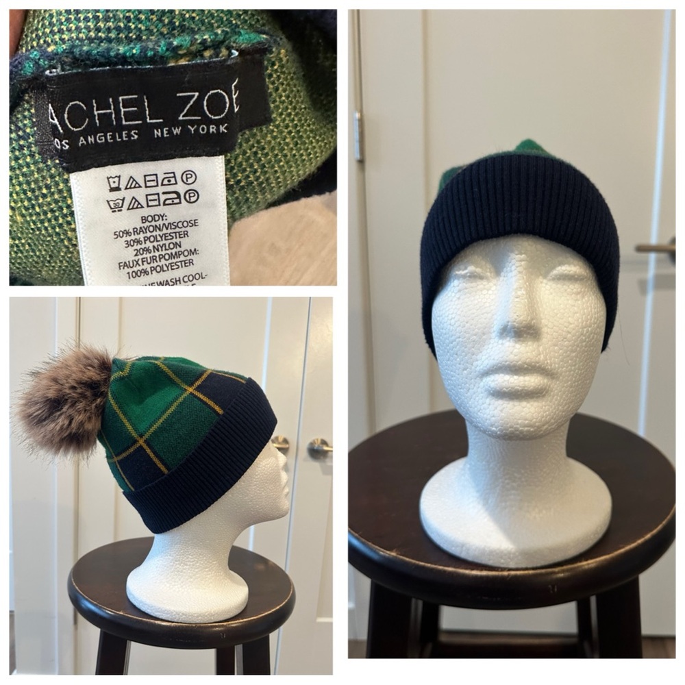 Brand new Rachel Zoe Green and Navy Knit Beanie with Faux Fur Pom